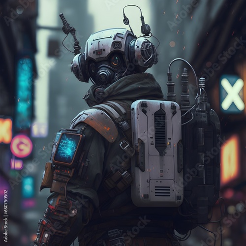 cyberpunk murderbot action pose looking at camera hoding directional antennas and portable spectrum analyzers urban setting hyperrealistic anime  photo