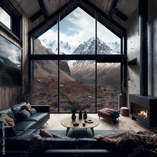 awardwinning photography of a luxury mountain lodge with large windows  photo