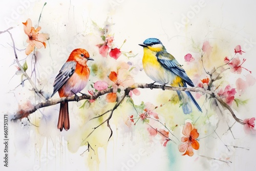 Birds & flowers watercolor painting on white paper with spray. Generative AI © Anais