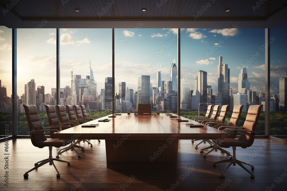 Large wooden meeting table with office chairs in conference room with city skyline view. 3D rendering. Generative AI - obrazy, fototapety, plakaty 