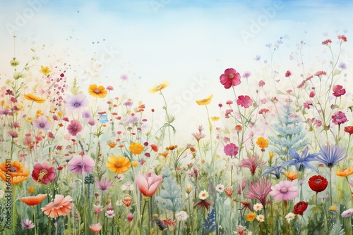 Watercolor painting depicting a vibrant meadow bursting with blooming flowers, forming a continuous panoramic pattern. Generative AI © Wilder