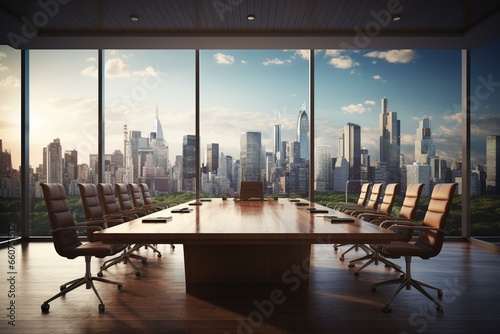 Large wooden meeting table with office chairs in conference room with city skyline view. 3D rendering. Generative AI photo