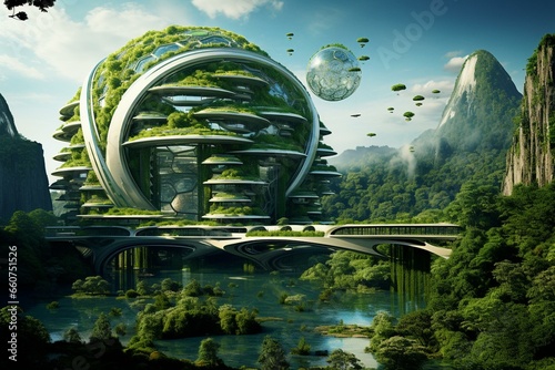 Futuristic sustainable architecture, green planet image. Generative AI photo