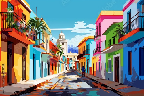 Colorful digital artwork depicting a lively Cuban street with abstract elements. Generative AI