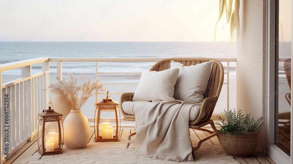 Cosy armchair on balcony ,winter home decor, calm and relax coastal living mock up arrangement - obrazy, fototapety, plakaty 