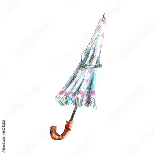 watercolor illustration umbrella with pink polka dots and stripes,wooden handle,sketch,sticker,emblem,badge