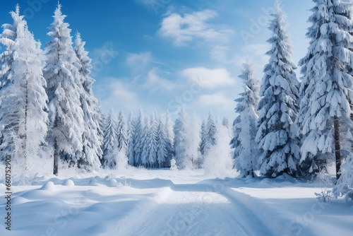 Frosty Wonderland, Majestic Pine Trees Blanketed in Snow © NE97