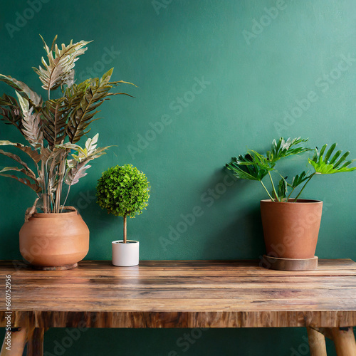 Mesa de madera marron con plantas sobre fondo pared verde