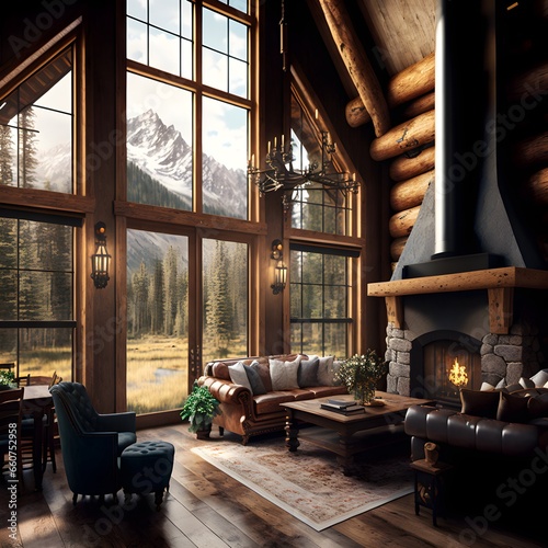 awardwinning photography of a luxury mountain lodge interior with large windows fireplace rustic natural lighting  photo
