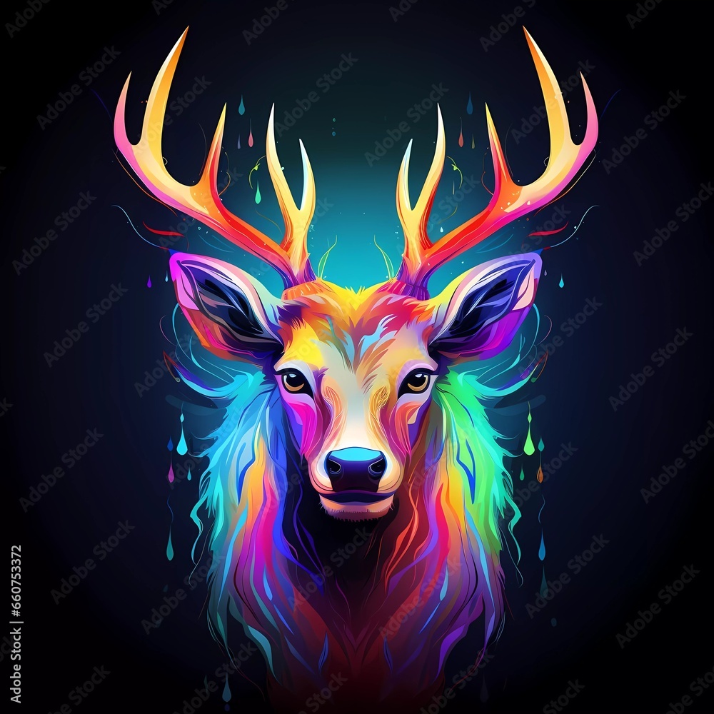 deer illustration in abstract, rainbow ultra-bright neon artistic portrait graphic highlighter lines on minimalist background