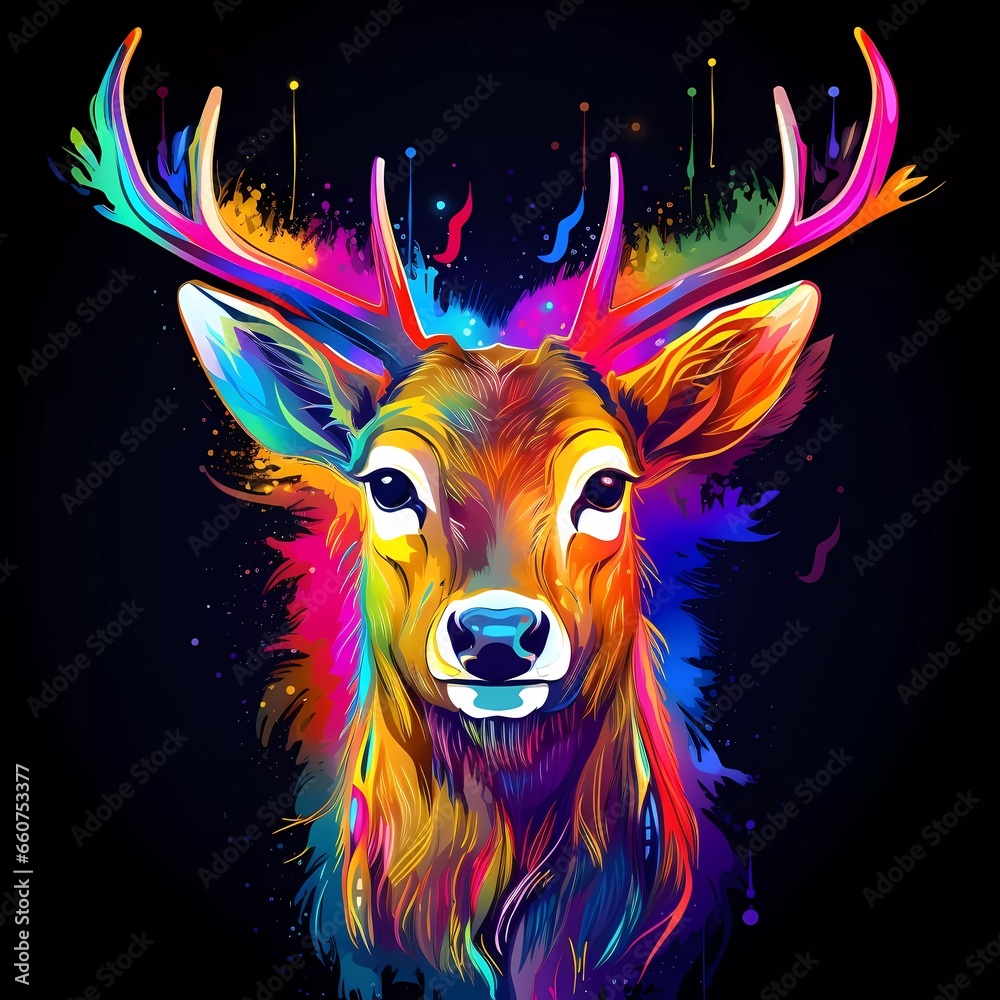 deer illustration in abstract, rainbow ultra-bright neon artistic portrait graphic highlighter lines on minimalist background