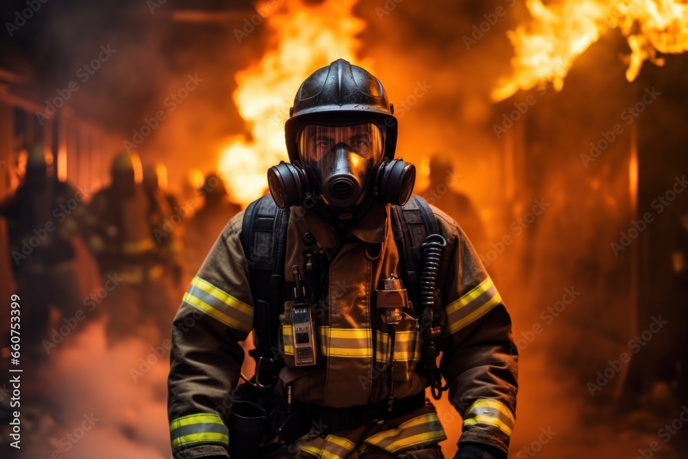 firefighter using water and extinguisher to fighting with fire flame in an emergency, Generative AI firefighter using water and extinguisher to fighting with fire flame in an emergency, Generative AI