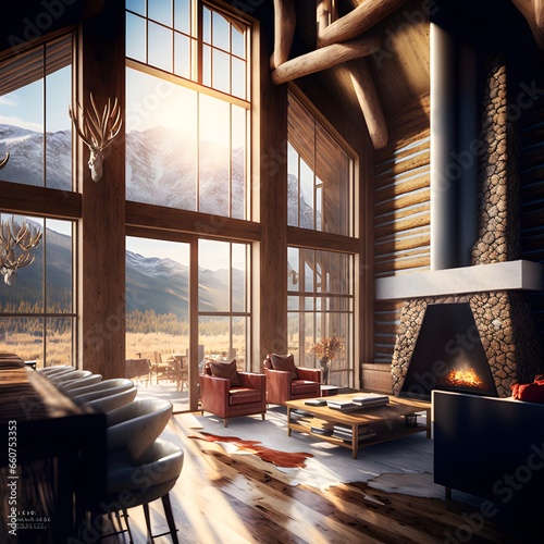 awardwinning photography of a luxury mountain lodge interior with large windows fireplace rustic modern natural lighting  photo