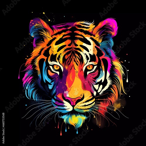 tiger illustration in abstract  rainbow ultra-bright neon artistic portrait graphic highlighter lines on minimalist background