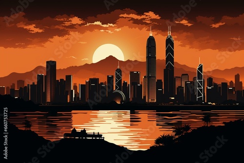 City silhouette displaying the Hong Kong skyline. Generative AI photo