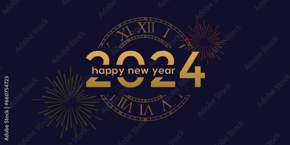 2024 Happy New Year Poster Background. Golden Clock Ring with Elegant Classy Typography Line Vector Illustration for Greeting Card, Banner, Backdrop Template Design