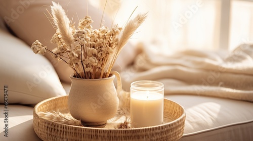 Flowers in vase and burning candles in living room, cosy winter interior home decor, calm and relax living mock up arrangement