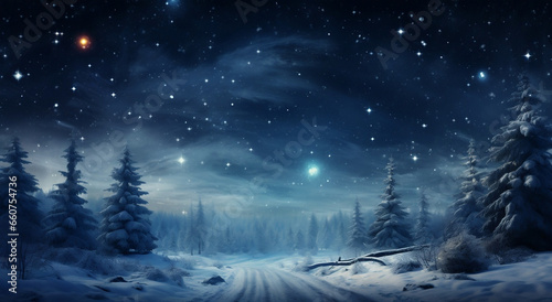 Enchanting Winter Wonderland, Glowing Trees, Starry Skies, and Snowflakes