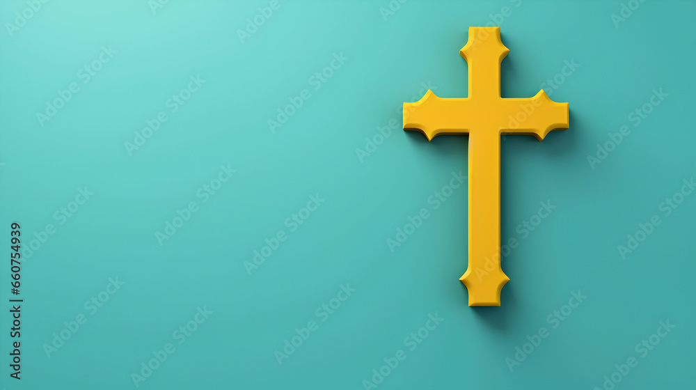 Yellow wooden cross on a blue background, Cross symbol made up of wood with space for text . Faith symbol 