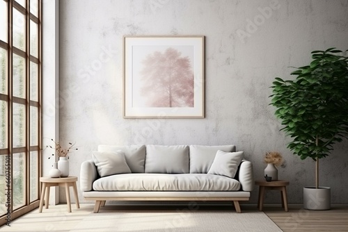 Modern living room with a Scandinavian-style mock-up poster frame. Generative AI