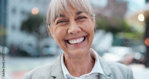 Portrait, laugh and mature happy woman in city with confidence, job opportunity or trust. Downtown, street and face of urban businesswoman, worker or entrepreneur with smile in fun recruitment career photo