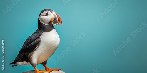 Pirched puffin on a light blue shaded background with copy space for lettering photo