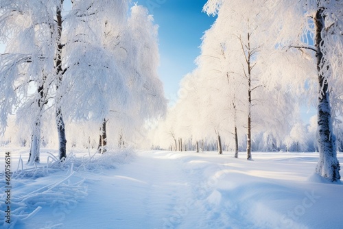 Vertical view of snow-covered trees framing a bright sunny road in a winter landscape of Norway. Generative AI