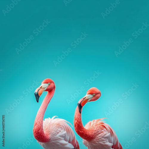 Two pink flamingoes on a shaded blue background with copy space for lettering © Raveen