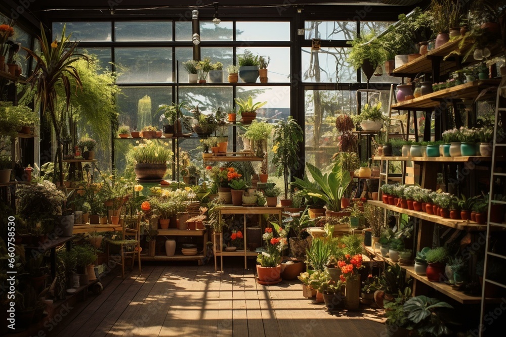 A place filled with various plants for sale and cultivation. Generative AI