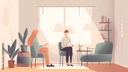 Psychologist sitting in armchair and talking with patient in the office.Mental health and psychology concept.flat vector illustration.