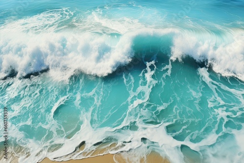 A background image for creative content featuring an emerald-colored ocean with waves crashing on the shore, creating white foam. Photorealistic illustration © DIMENSIONS