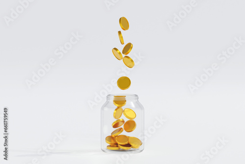 Falling gold coin money to clear glass jar or piggy bank, savings concept, 3D rendering.
