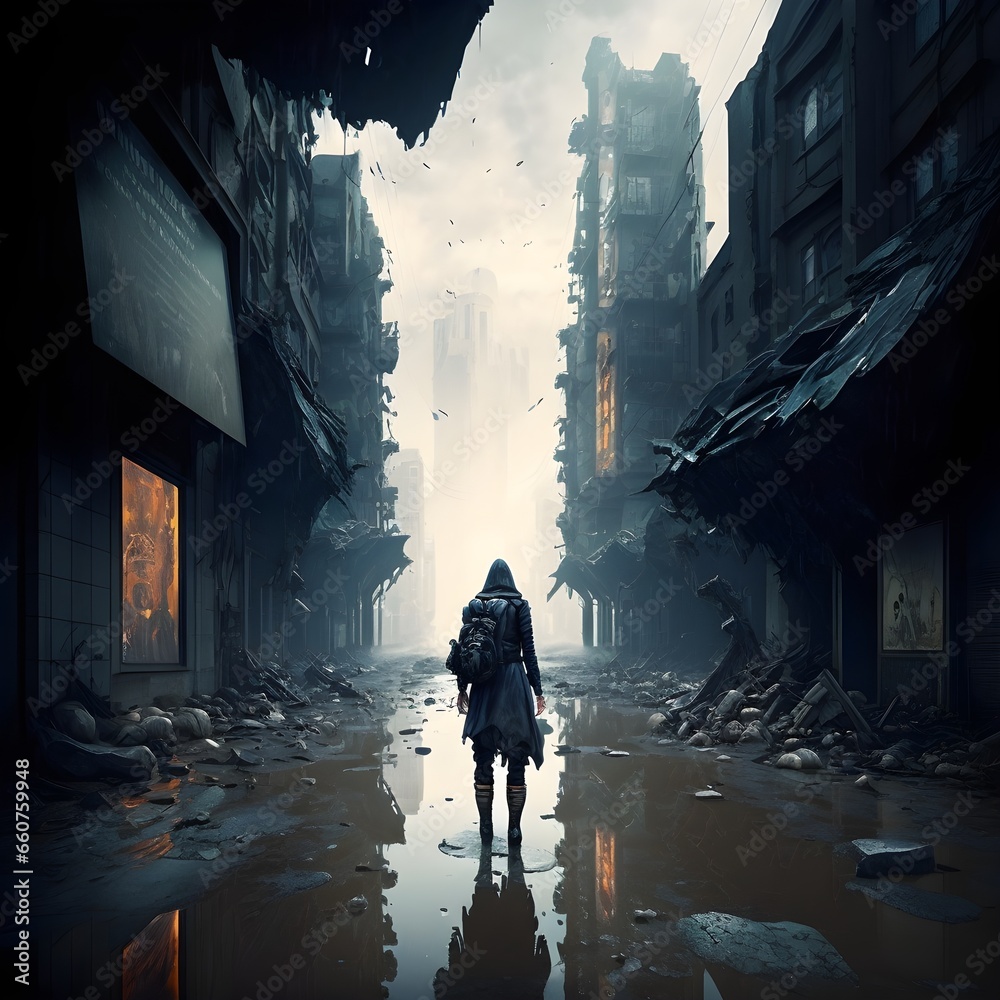 futuristic alien city post apocalyptic mist rain puddles dramatic with woman walking down the street among debris photorealistic midday 