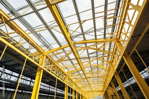 Industrial building with yellow steel structure, screw and cable details, and skylights for natural light. Generative AI