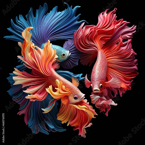Three siamese fighting fish with colorful Siamese Fighting Fish or betta splenden fighting fish.