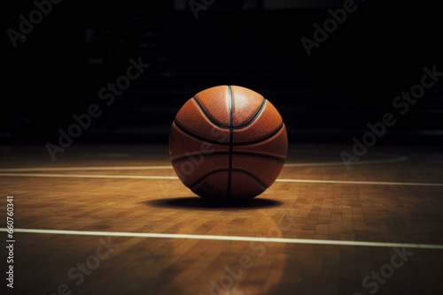 Basketball with orange stripes on court. Generative AI