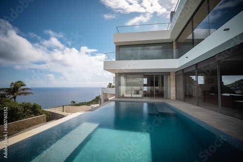 Villa with pool and ocean view. Generative AI © Milana