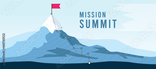Flag on the mountain peak. Business concept of goal achievement or success. Flat style vector illustration. Mission Summit. Trails along the mountain. Mountaineer Poster.