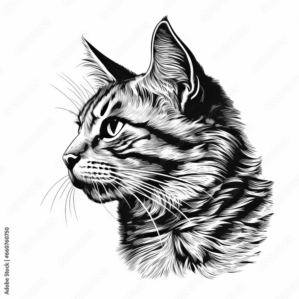 black and white cat - Woodcut cat head - hare - engraving - isolated 