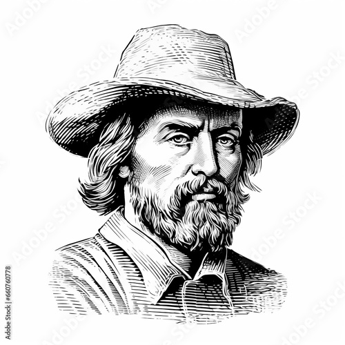 cowboy with a hat - head of man in hat in Woodcut - engraving - isolated - farmer - cowboy