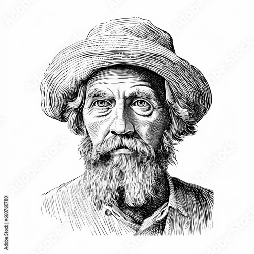 portrait of a man with hat - head of man in hat in Woodcut - engraving - isolated - farmer - cowboy