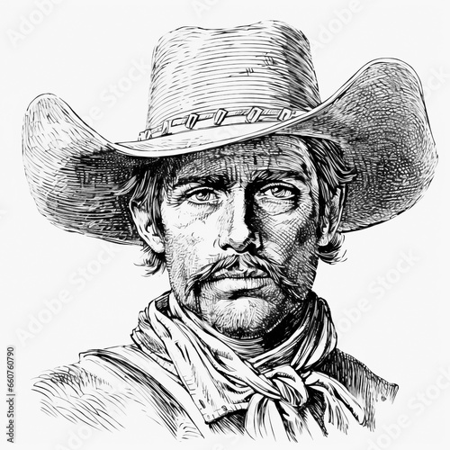 sketch of cowboy - head of man in hat in Woodcut - engraving - isolated - farmer - cowboy