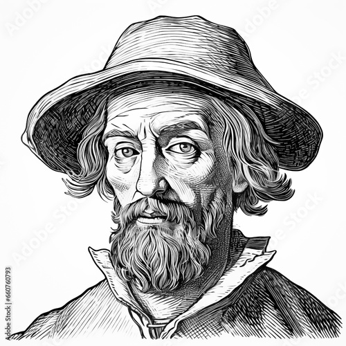 black and white portrait of a person - head of man in hat in Woodcut - engraving - isolated - farmer - cowboy