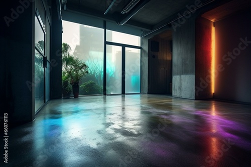Obscured concrete floor with mist and vibrant illumination. Generative AI