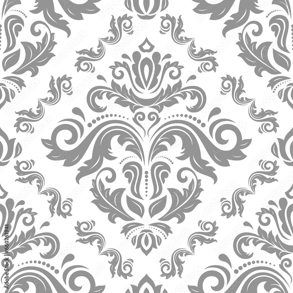 Classic seamless pattern. Damask orient silver ornament. Classic vintage background. Orient ornament for fabric, wallpapers and packaging