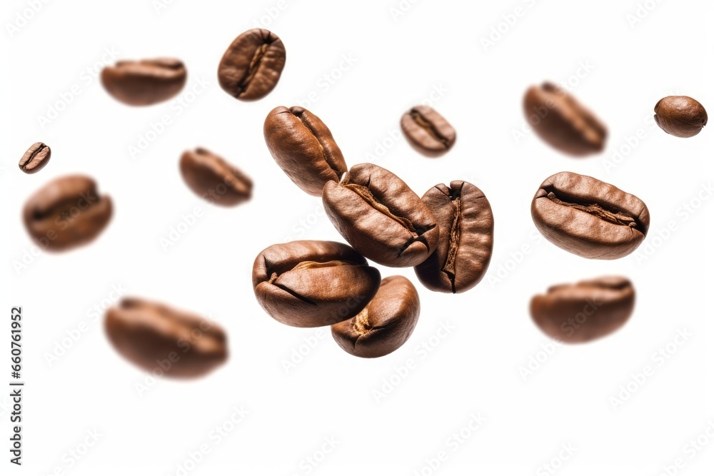 Levitating Coffee Beans isolated on white background - Generative AI Levitating Coffee Beans isolated on white background - Generative AI