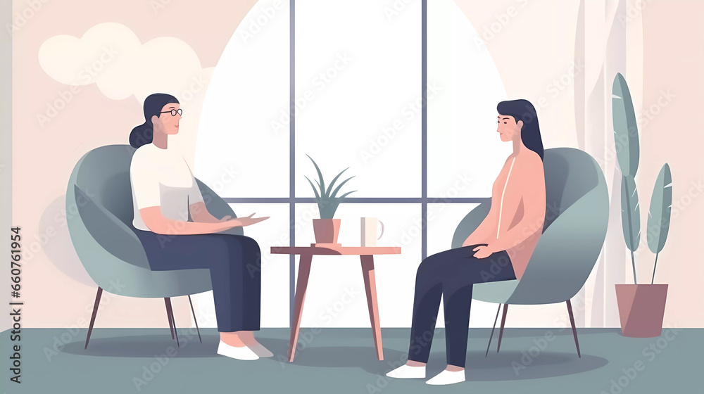 Psychologist listening to patient at mental therapy session. Personal mental health concept.Flat vector illustration. - obrazy, fototapety, plakaty 