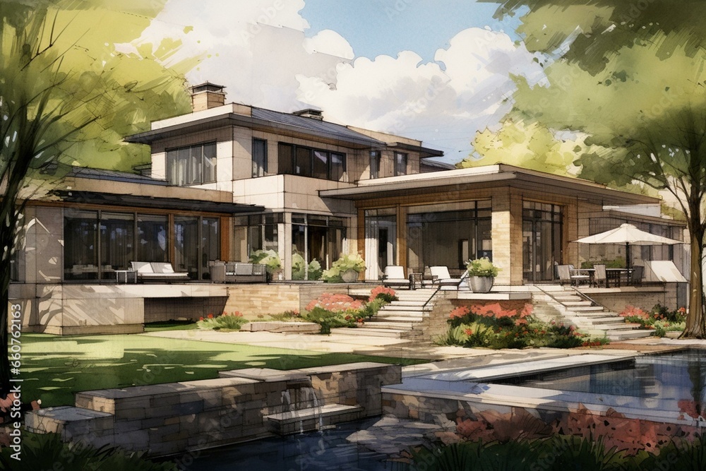 Illustration of a contemporary and elegant rural residence with a lush garden, crafted for showcasing architectural finesse and residential opulence. Generative AI