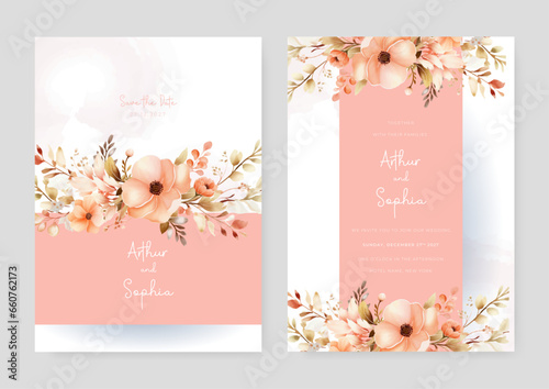 Peach and pink poppy set of wedding invitation template with shapes and flower floral border