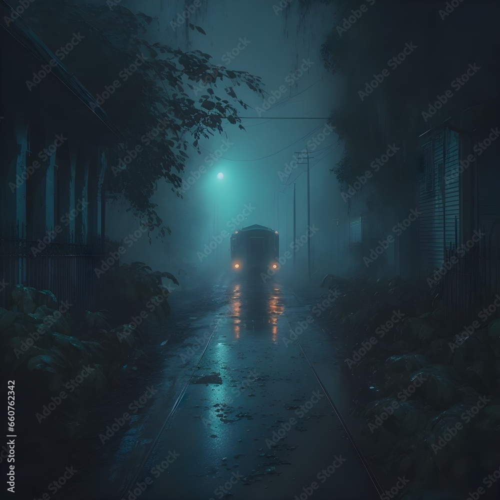 LoFi Lane in foggy rain with smoke on the ground 4k realistic glowing